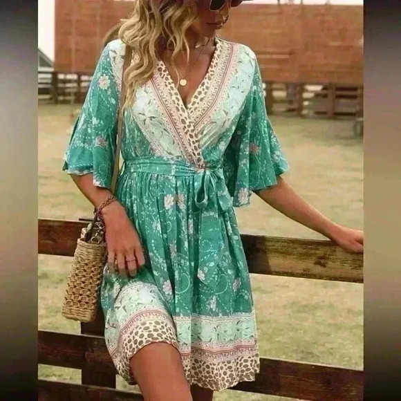 SHEIN Dresses & Skirts - Floral print flounce sleeve belted dress